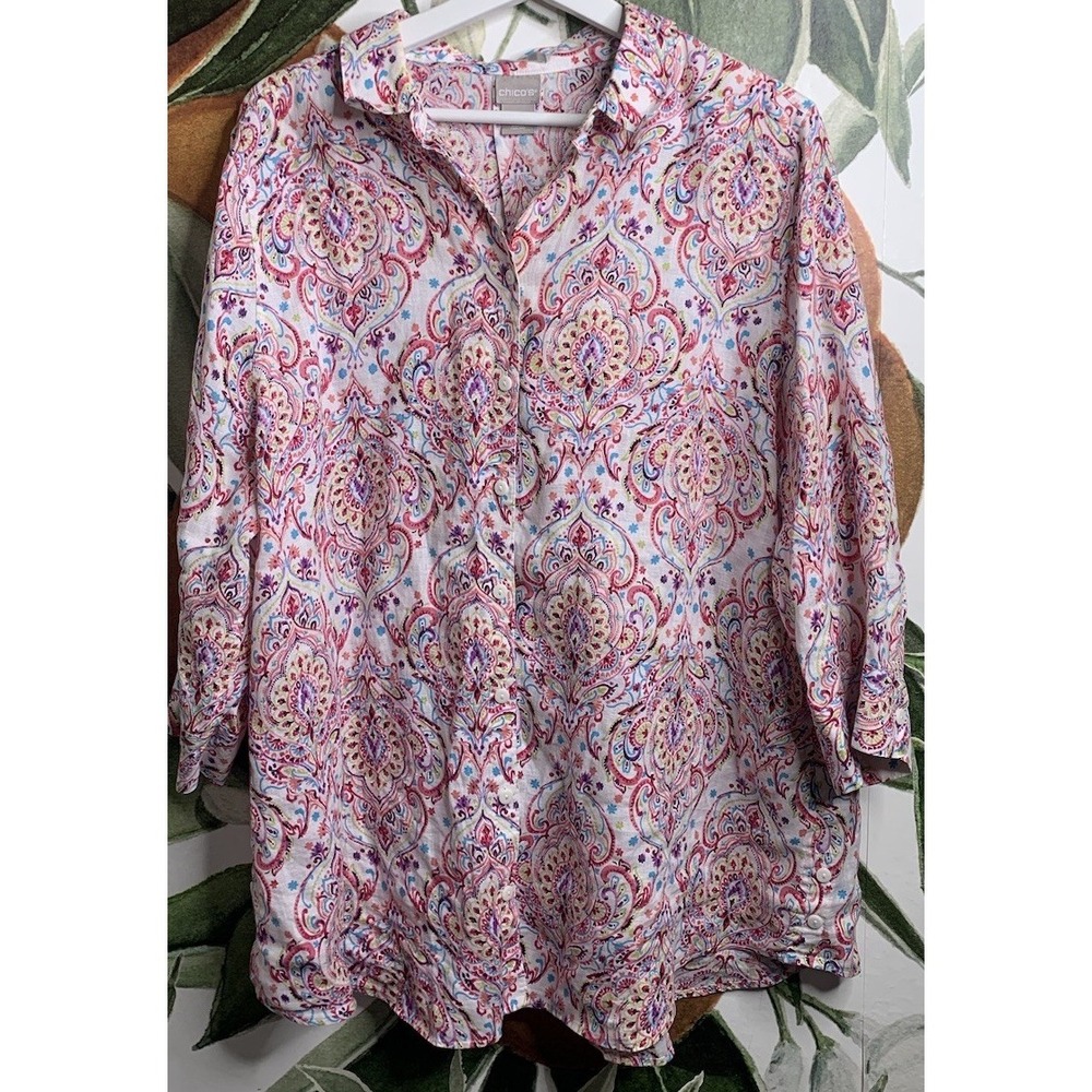 Chicos Size 3 US XL Floral Paisley 100% Linen Button Front 3/4 Sleeves Shirt